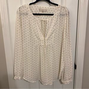 Loft White Long Sleeve Keyhole Tie Neck Blouse Polka Dot Print Size XL
